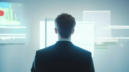 Poster - Businessman is watching various virtual graphic interfaces, analyzing data and managing a complex system in a futuristic environment