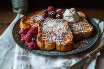 Wall Mural - Crispy French Toast, dusted with powdered sugar, served with fresh raspberries, blackberries, and a dollop of whipped cream. A delightful breakfast!