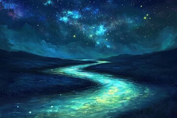 serene nighttime landscape with a winding river under a starry sky