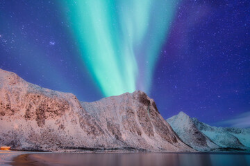 Wall Mural - northern lights in norway, lofoten islands. winter night landscape. starry sky with polar lights. au