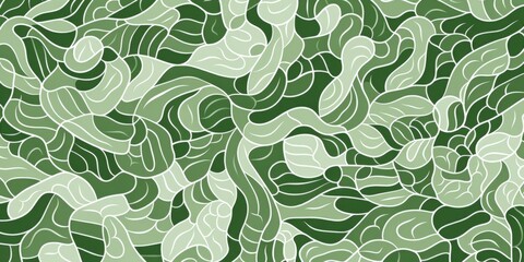 Elegant pattern of green and white doodles featuring an intricate network of wavy swirl lines 