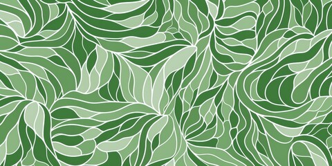 Elegant pattern of green and white doodles featuring an intricate network of wavy swirl lines 