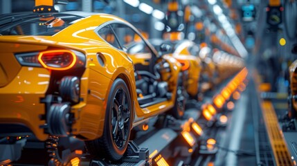 High-performance sports car on assembly line in factory.