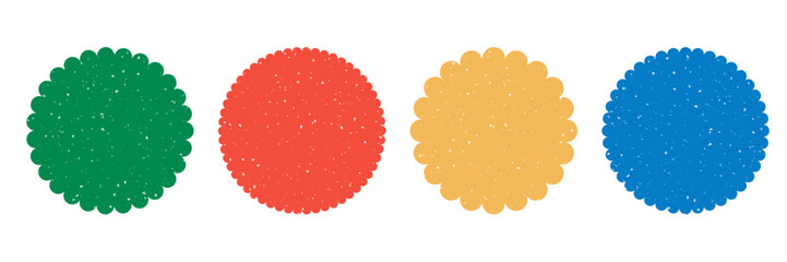 Poster - Wavy scalloped edge circle sticker set. Starburst shape price tag with scratched texture. Colorful Empty promo discount Sale badge. Textured round Button in flat Design. Vector illustration