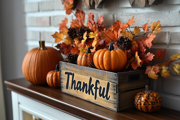 Autumn display featuring pumpkins, colorful leaves, and a thankful wooden box on a mantelpiece in a cozy interior setting