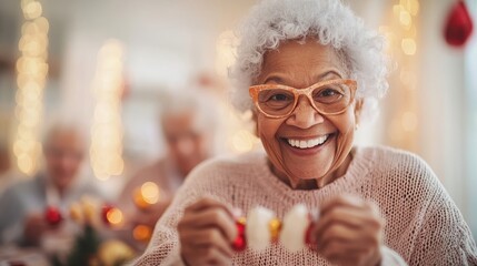 Joyful elderly woman celebrating holidays with decorations, warm atmosphere at nursing home. Nursing home residential activity concept.