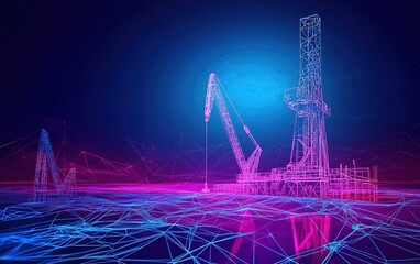 Digital representation of an offshore oil rig in a futuristic, neon-inspired environment against a blue and pink gradient background