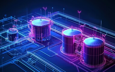 Poster - Modern digital rendering of storage tanks in an industrial facility with neon blue and pink highlights at night