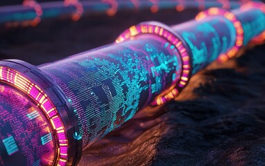 Poster - A glowing data pipeline illuminated in vibrant colors at sunset revealing futuristic technology in a digital landscape