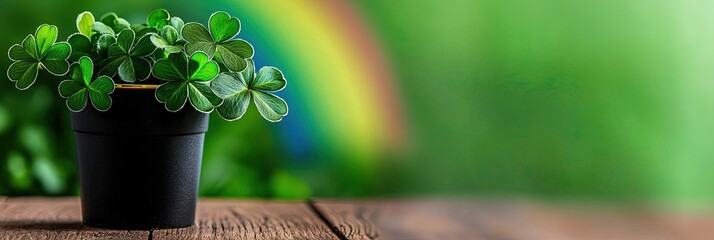 st patricks day, shamrocks, pot of gold, rainbow, solid background, copy space