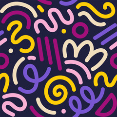 Wall Mural - Memphis geometric seamless pattern. Multicolor abstract background in retro 80s, 90s style with various shapes: circles, semicircles, dots, zigzags, spirals, wavy lines. Cute kid doodle design.