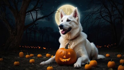 A white Swiss Shepherd with a pumpkin on the background of the moon on a cold Halloween night, creating a cozy and mysterious atmosphere. Bats are circling in the air, adding to the mystery.