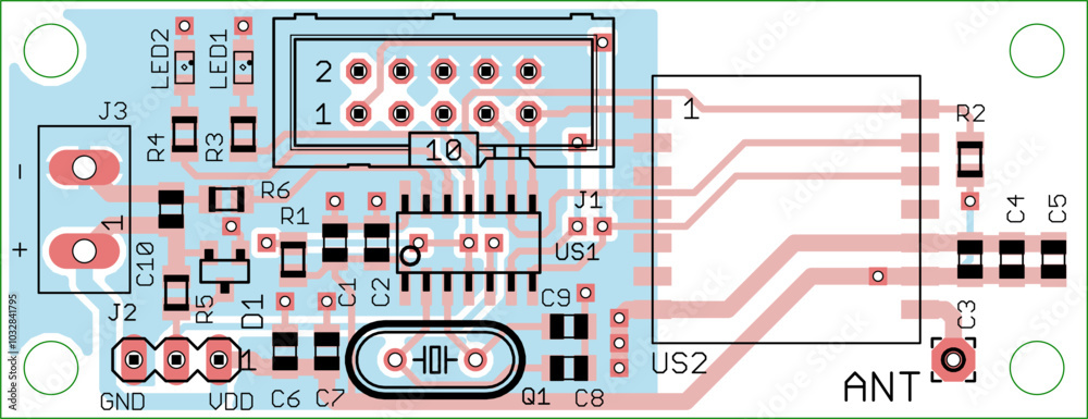 Vector printed circuit board of electronic device with components of ...