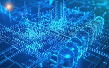 Poster - Digital representation of an industrial complex showcasing interconnected systems and structures during nighttime