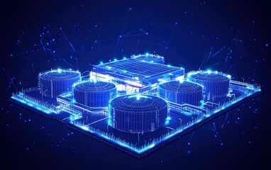 Poster - Aerial view of a futuristic data center with holographic storage tanks in a digital environment