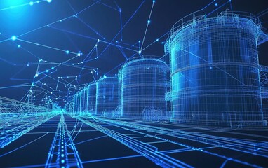 Poster - A digital representation of a futuristic industrial facility with interconnected storage tanks and data networks