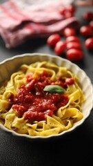 Wall Mural - Pasta tagliatelle tomato sauce second course tasty food dish fresh gourmet food background on the table rustic food top view copy space