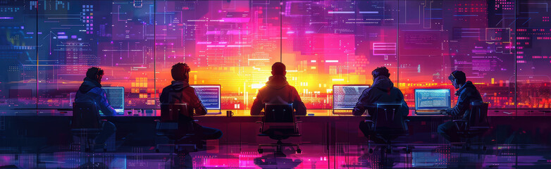 Poster - Group of creative coders brainstorming together in a colorful, dynamic workspace