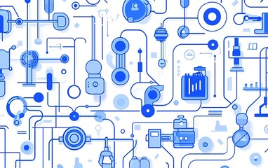 Poster - A complex network of blue lines and shapes illustrating technology and data flow in a modern digital environment