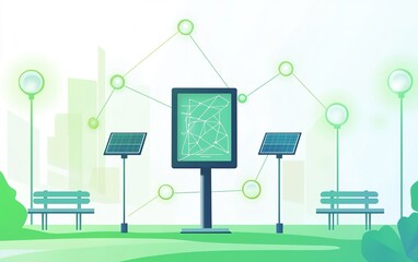 Poster - Smart city technology display with solar panels and digital connections in a modern urban park setting