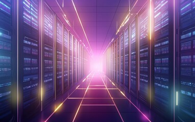 Poster - A futuristic data center corridor illuminated by vibrant neon lights showcasing advanced technology storage systems