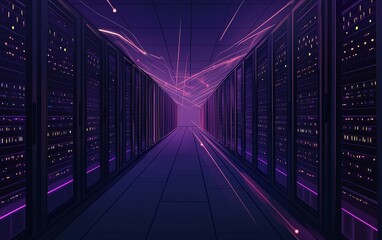 Poster - A futuristic corridor of servers illuminated by vibrant purple lights with abstract lighting effects in a digital data center