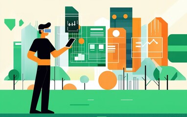 Poster - A person interacting with digital technology in a vibrant cityscape during daylight, showcasing data and innovative designs