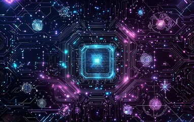 Poster - Abstract digital circuitry with glowing elements and cosmic motifs in vibrant colors, creating a futuristic aesthetic