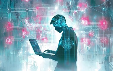 Poster - A silhouette of a person working with a laptop illuminated by digital connections and vibrant colors in a technology-inspired setting