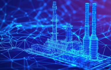 Poster - Digital representation of a power plant with cooling towers and interconnected lines at night in a high-tech environment