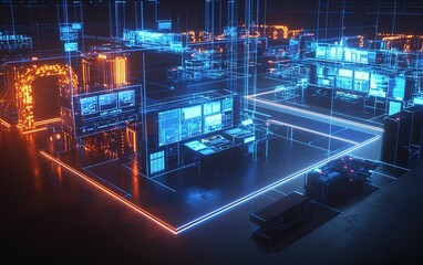 Poster - A futuristic digital control room illuminated by neon lights showcasing advanced technology and interactive displays at night