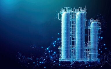 Poster - Digital rendering of industrial storage tanks in a high-tech environment with futuristic design elements illuminated by blue lights