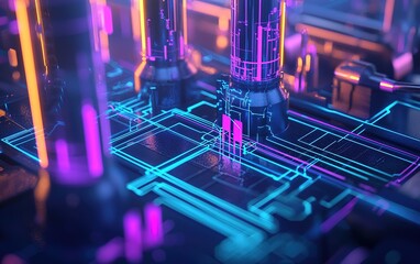 Poster - Vibrant close-up of futuristic circuit board with glowing neon connections and electronic components in a dark setting