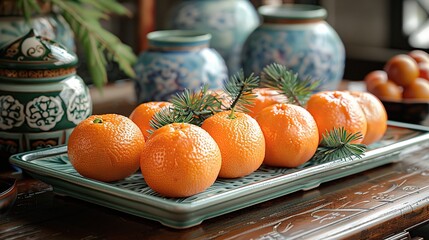 Sticker - A platter of fresh, whole oranges arranged on a decorative, green rectangular platter