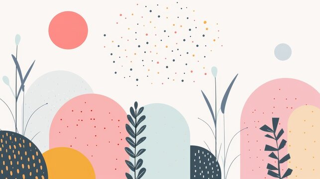 A clean and minimalistic geometric design with Scandinavian colors, using abstract shapes like rectangles and circles