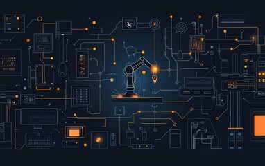 Poster - A robotic arm operates within a complex network of electronic circuits and technological interfaces in a modern industrial setting