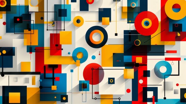A clean and minimalistic geometric design with Scandinavian colors, using abstract shapes like rectangles and circles