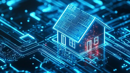 Poster - A conceptual banner for smart home technology. The building consists of digits connected to domestic smart devices. It illustrates an intelligent control house on blue background. It represents the