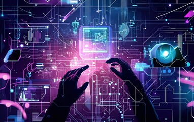 Poster - Hands reaching toward a futuristic digital interface with glowing elements and data visualizations in a cybernetic environment