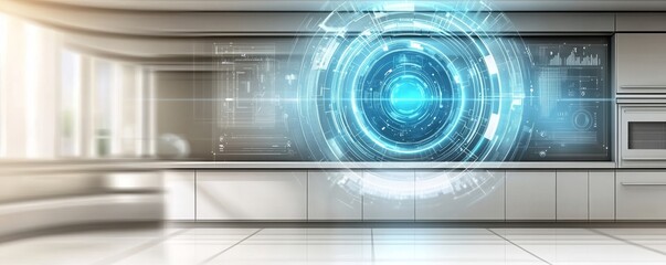 Poster - A wireless home automation system concept based on smart technology. Touchscreen display of a modern house control unit.