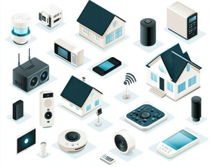 Poster - 3D isometric remote control system for smart homes. Internet of things concept for smart homes. Computer-based devices connected to home networks. Internet of things concept for smart homes. Modern