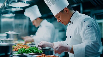 young chef preparing food in the kitchen. professional cooking food in kitchen.