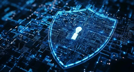 Poster - Cyber security of house devices. IOT protection software. 3D isometric shield of lights protected by digits.