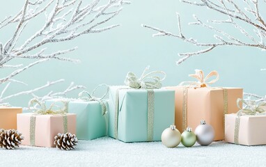 Festively wrapped gifts arranged among frosted branches, showcasing a serene winter wonderland atmosphere at a cozy holiday gathering