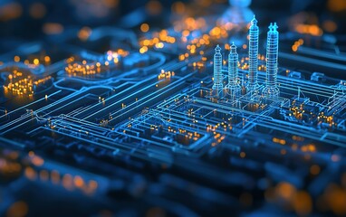 Poster - Aerial view of an illuminated industrial complex with digital blueprints at night showcasing advanced technology and infrastructure