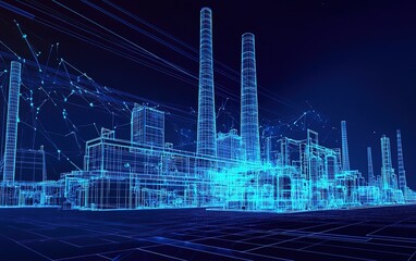 Poster - Futuristic industrial complex with digital blueprints and schematics at night highlighting technology and innovation