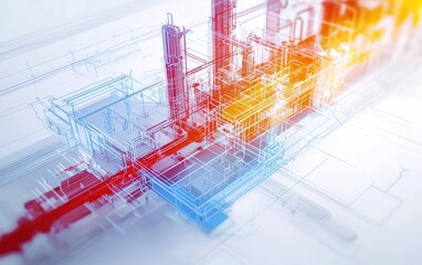 Poster - Abstract digital rendering of interconnected structures with vibrant red and blue lines symbolizing innovation in technology