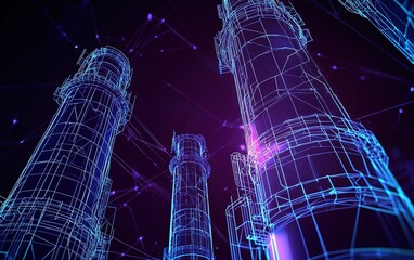 Poster - Three towering industrial structures illuminated in blue and purple neon lights against a dark background, showcasing futuristic design elements