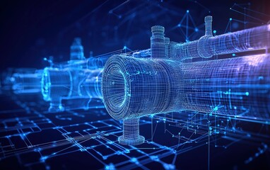 Poster - Detailed digital representation of complex piping systems in a futuristic design with blue lines against a dark background