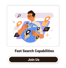 Poster - Man holding globe with location markers representing global search capabilities surrounded by search icons and abstract elements colorful background web design template